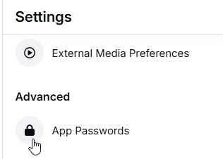 A screenshot of the Bluesky Settings page showing the App Passwords option