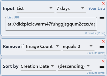 Screenshot showing the Feedbuilder UI setup with the following blocks Input List 7 days, Remove if Image Count equals 0 and Sort by Creation Date (descenting)