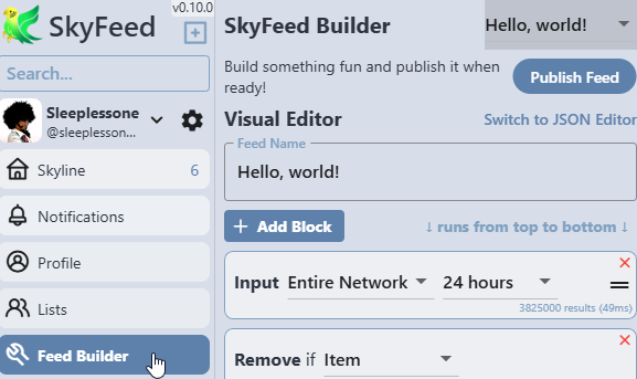 A screenshot showing the main Skyfeed page, the Feed Builder is selected in the left column, in the next column is the Skyfeed Builder UI showing the Visual Editor and a few blocks.