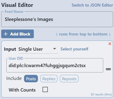 A screenshot showing the Feed Builder UI, Input is set to Single user and the User DID field shows a value autopopulated by clicking the Select yourself button above. Below the User DID is a section labeled "Include" with "Posts" selected and "Replies" and "Reposts" are unselected.