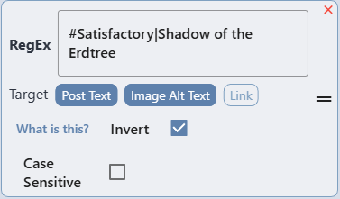 A screenshot showing the Feedbuilder UI with the Regex block set to "#Satisfactory|Shadow of the Erdtree" the target is set to "Post Text" and "Image Alt Text"