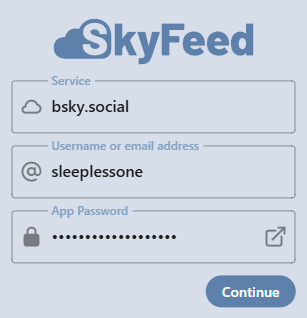 A screenshot showing the Skyfeed login screen. The field labeled "Service" is filled in with "bsky.social" the field labeled "Username or email address" is filed in with "sleeplessone"